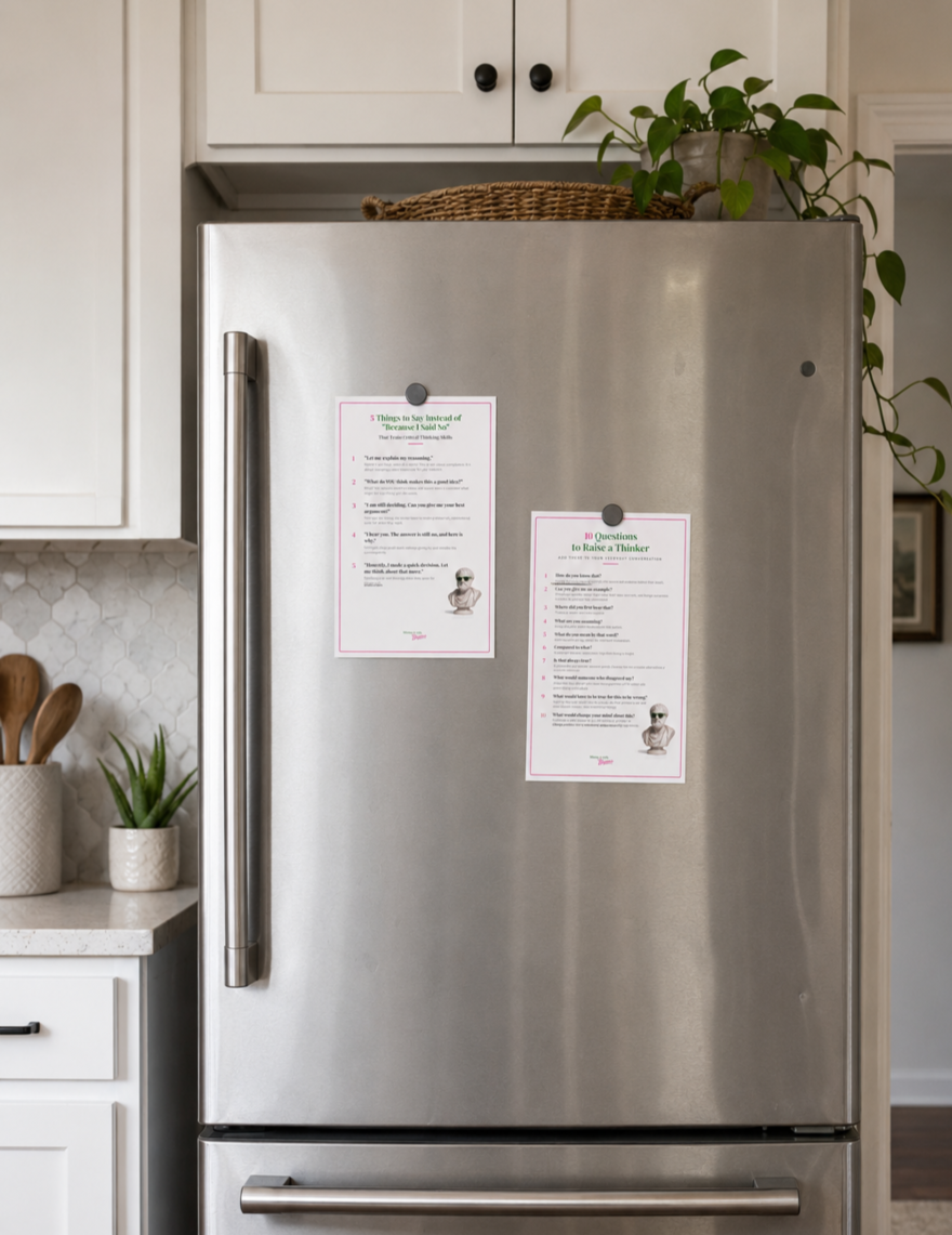 The two free printables on a fridge